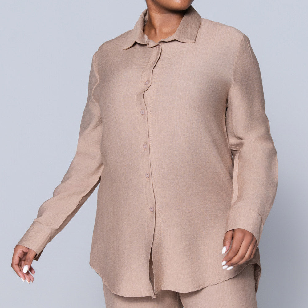 Long Sleeve Plain Button Down Mocca Top
