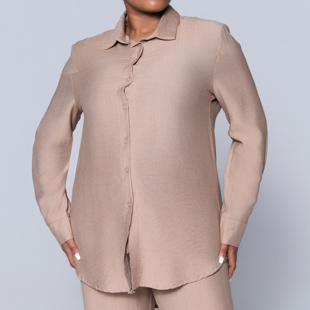 Long Sleeve Plain Button Down Mocca Top