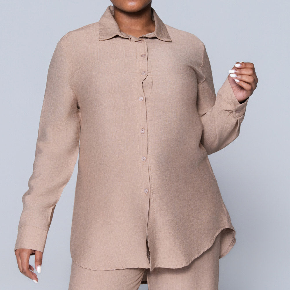 Long Sleeve Plain Button Down Mocca Top