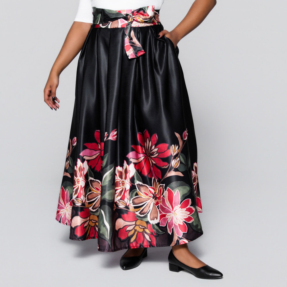 Black Border Print Duchess Satin Skirt