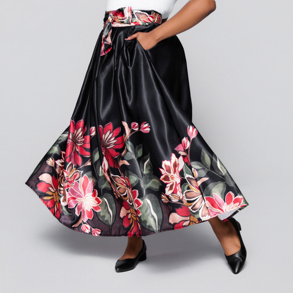 Black Border Print Duchess Satin Skirt