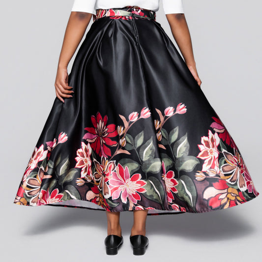 Black Border Print Duchess Satin Skirt