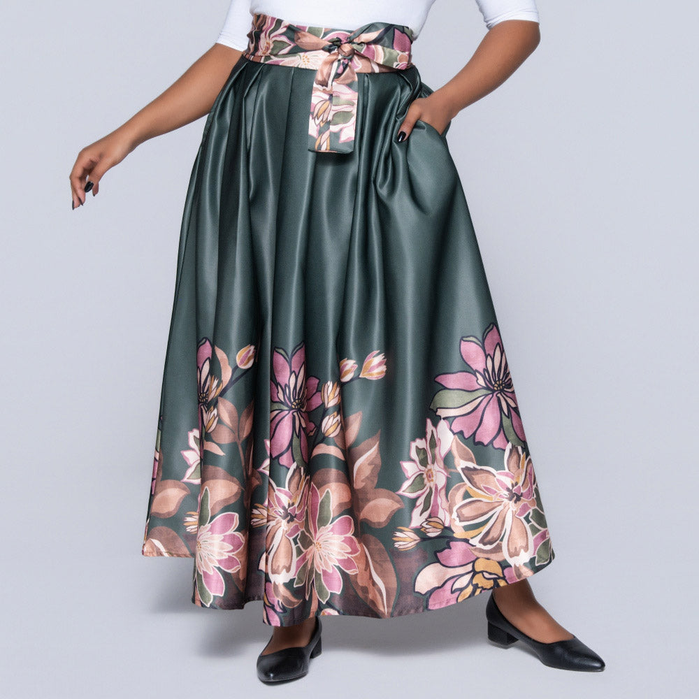 Green Border Print Duchess Satin Skirt