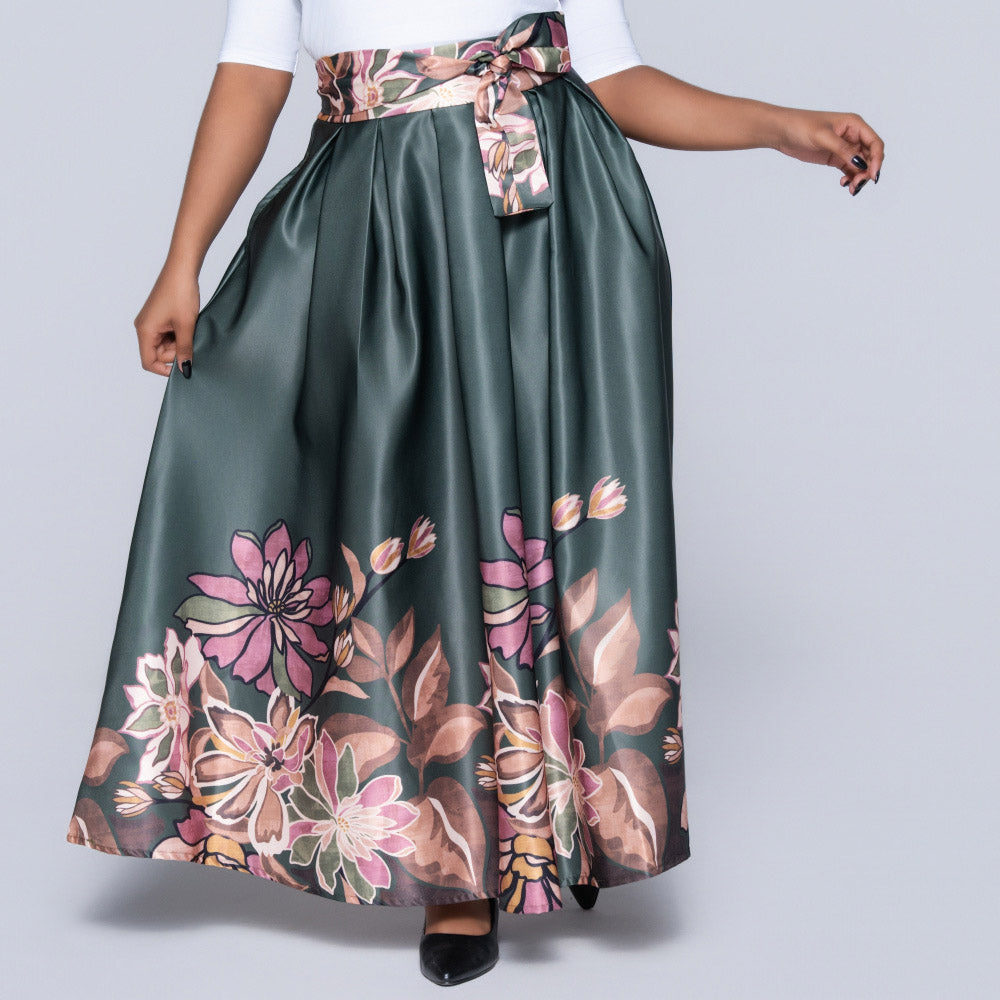 Green Border Print Duchess Satin Skirt
