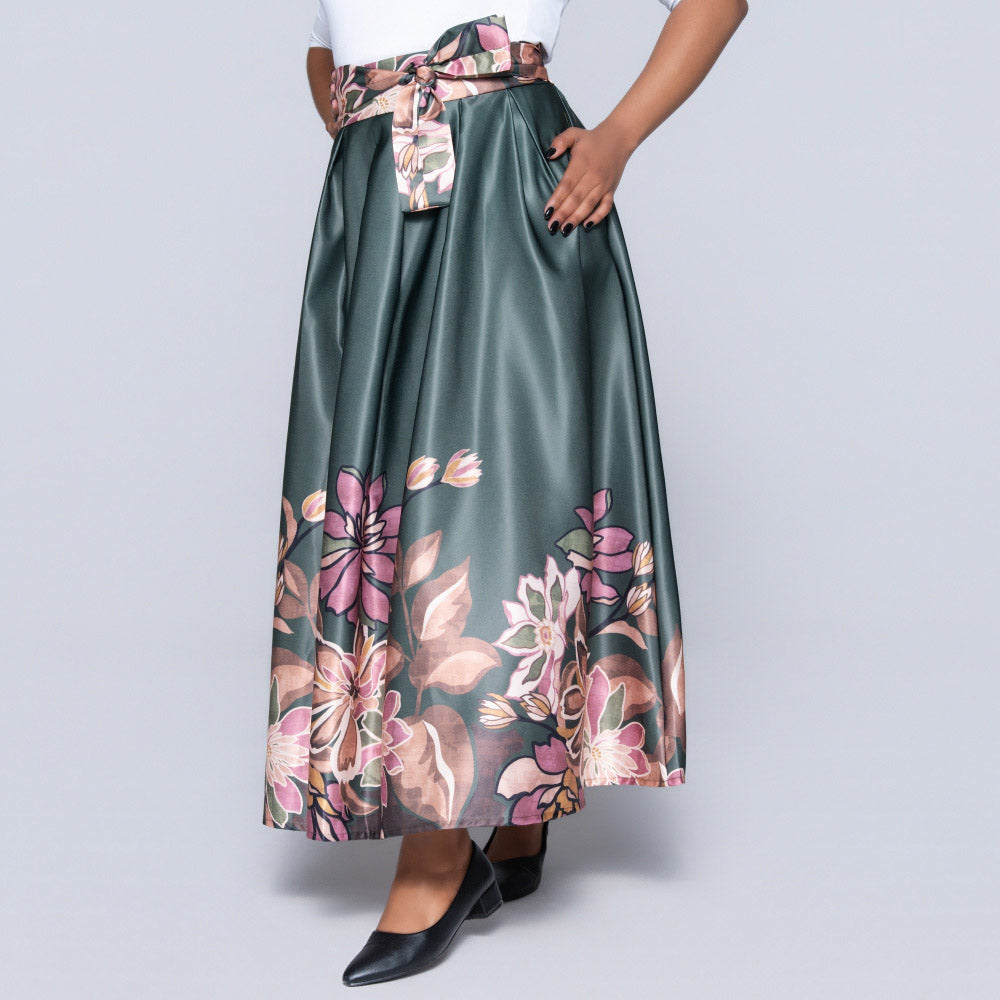 Green Border Print Duchess Satin Skirt