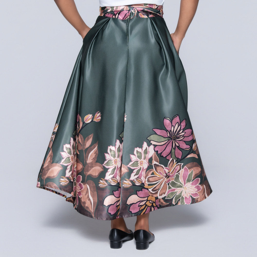 Green Border Print Duchess Satin Skirt