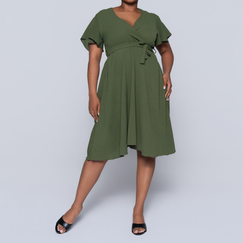 Olive Airflow Tie-Belt Dress