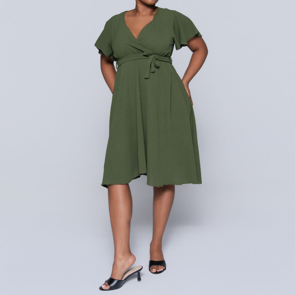 Olive Airflow Tie-Belt Dress