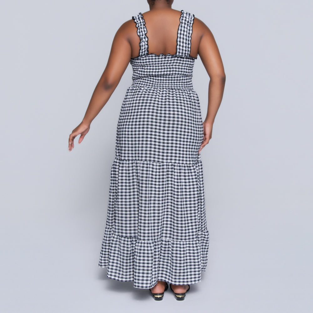 Blk/White Sleeveless Check Print Tiered Dress