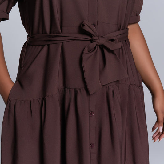 Chocolate Tiered Tie-Belt Short Sleeve Dress