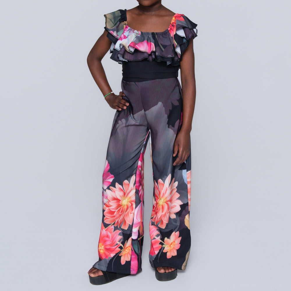 Girls Printed Black Top And Pants Set