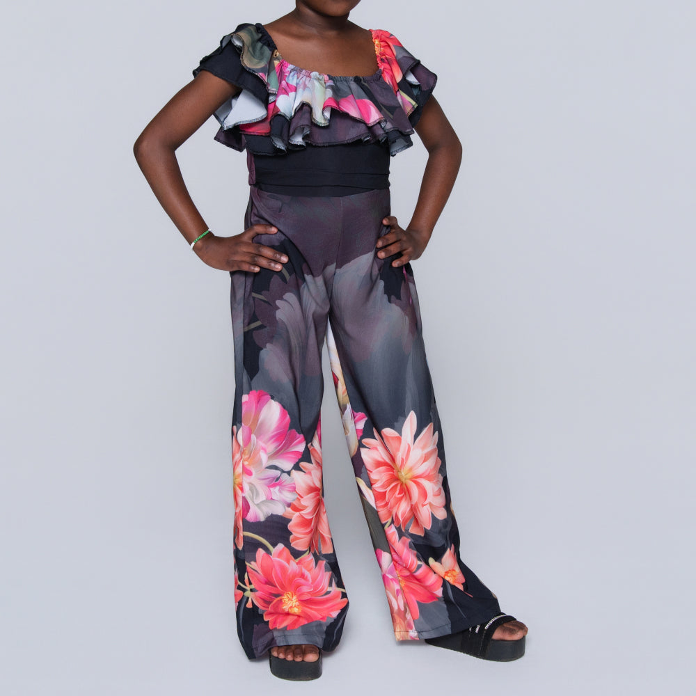 Girls Printed Black Top And Pants Set