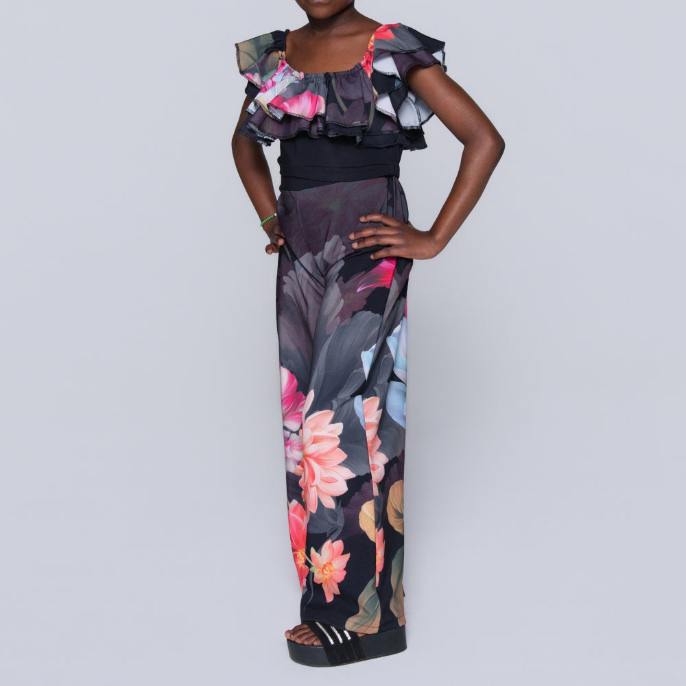 Girls Printed Black Top And Pants Set