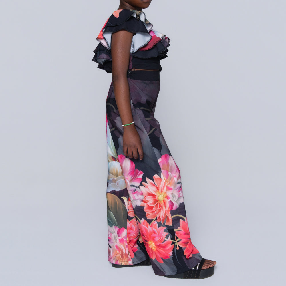 Girls Printed Black Top And Pants Set