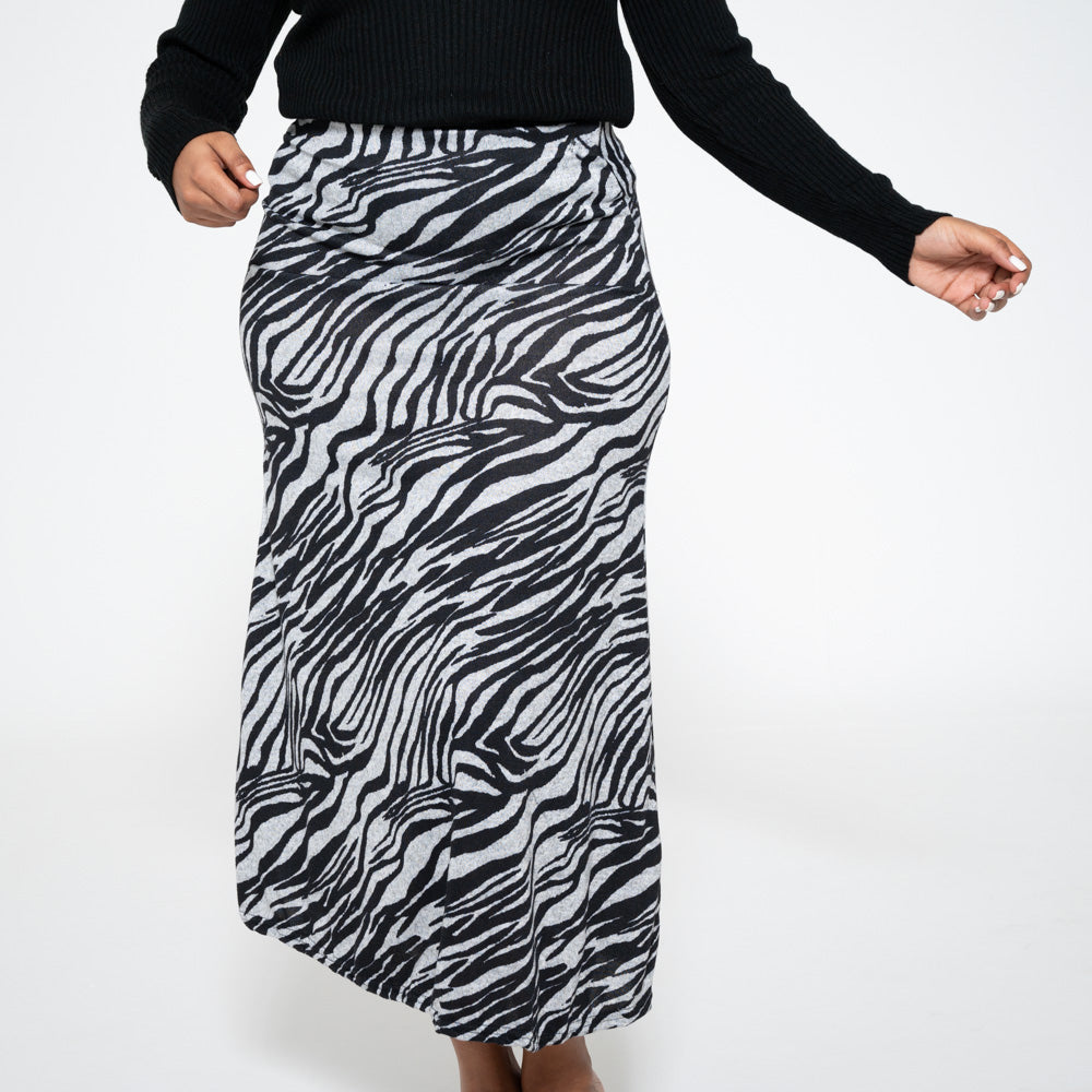 Longer Length Printed Jersey Knit Panel Skirt