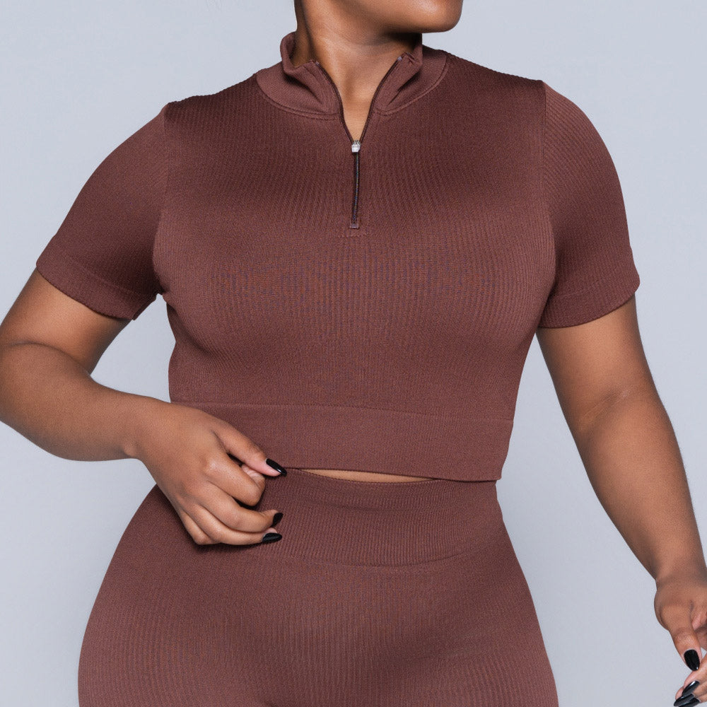 Brown Zip Detail Gym Top