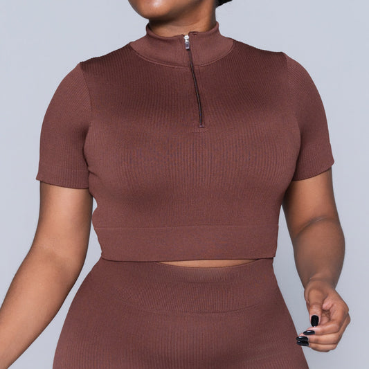 Brown Zip Detail Gym Top