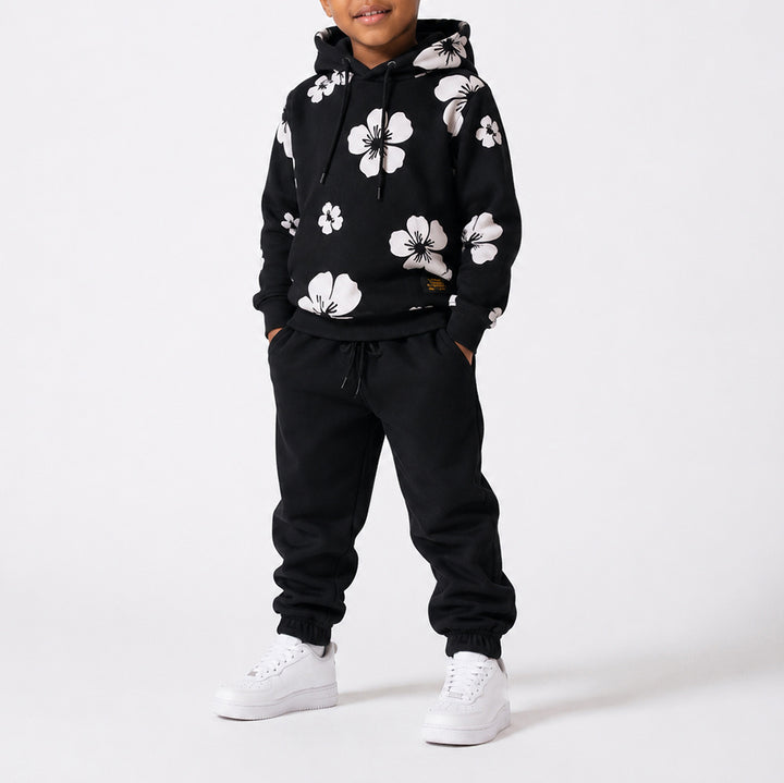 Boys Black Hooded Printed Tracksuit Set