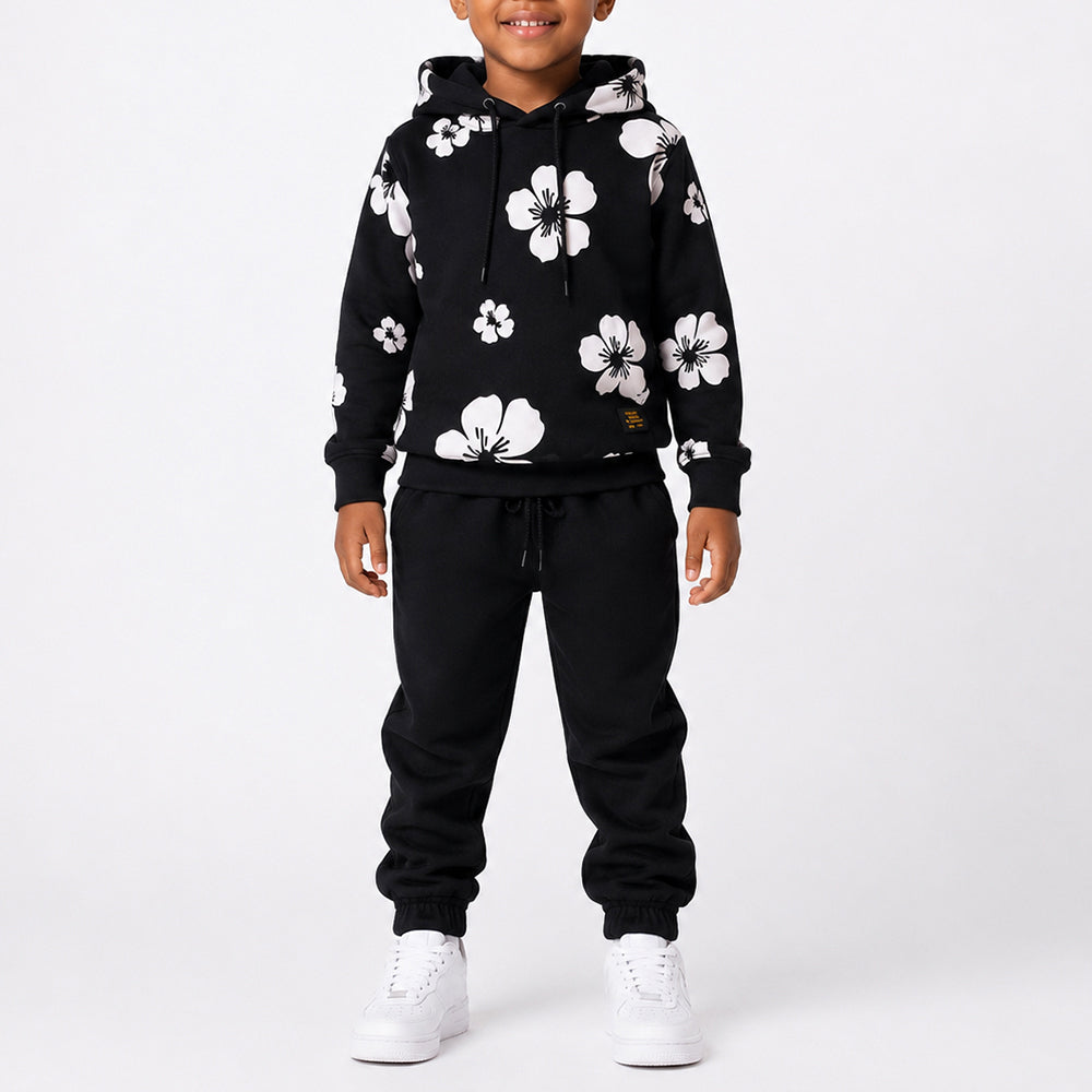 Boys Black Hooded Printed Tracksuit Set