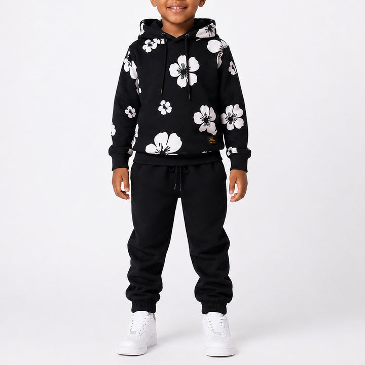 Boys Black Hooded Printed Tracksuit Set