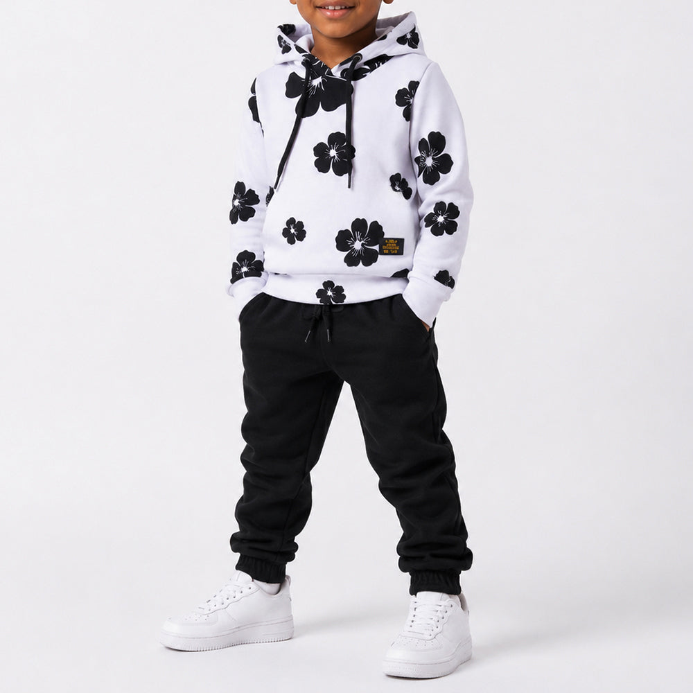 Boys White Hooded Printed Tracksuit Set