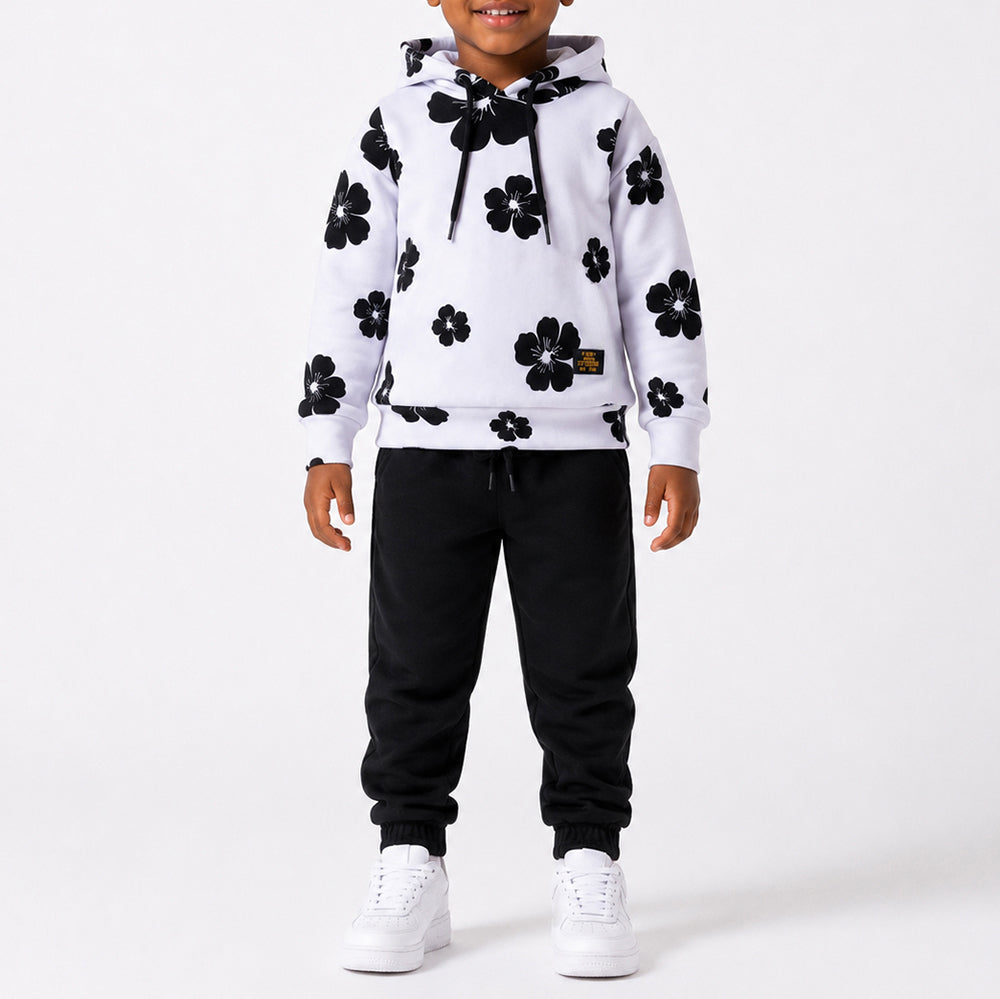 Boys White Hooded Printed Tracksuit Set