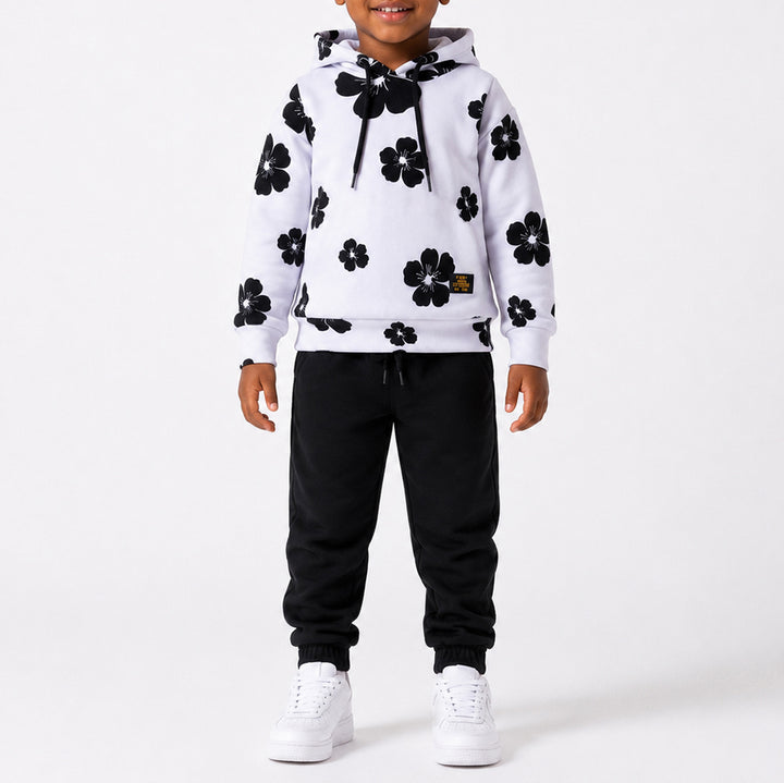 Boys White Hooded Printed Tracksuit Set