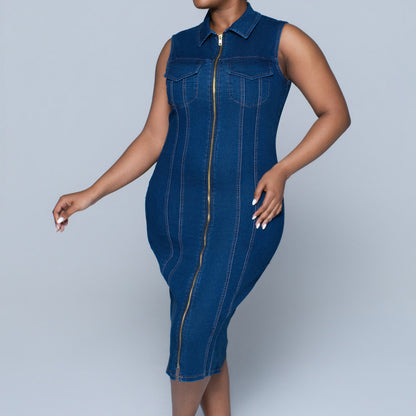 Ladies Sleeveless Pocket Detail Denim Dress