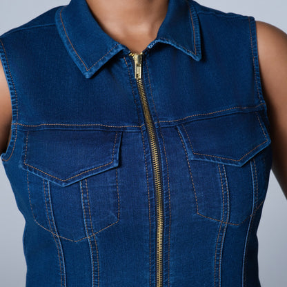 Ladies Sleeveless Pocket Detail Denim Dress