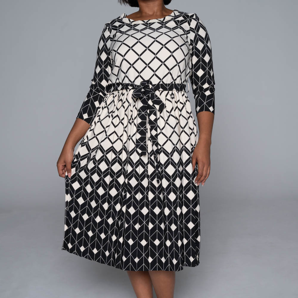 Plus Size Border Print Pleated Dress
