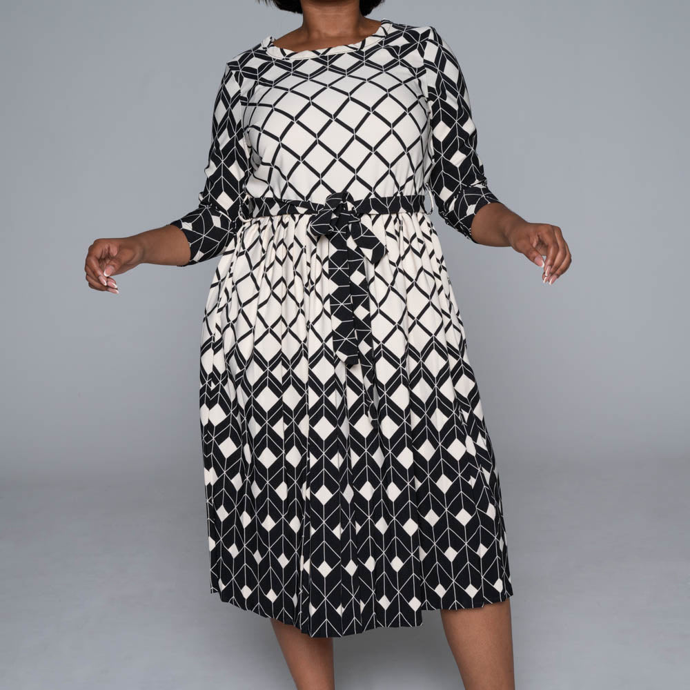 Plus Size Border Print Pleated Dress