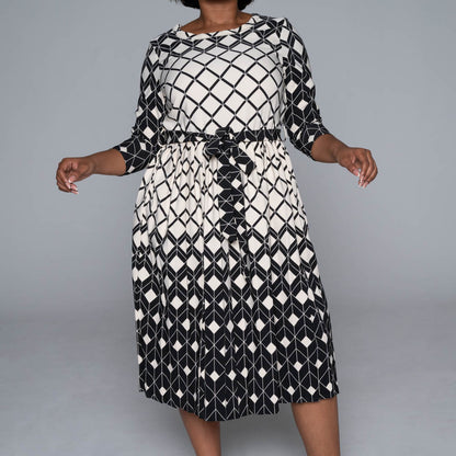 Plus Size Border Print Pleated Dress