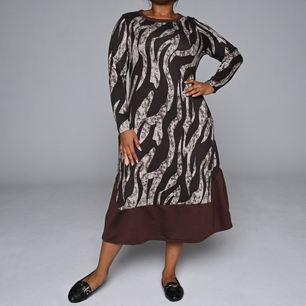 Plus Size Long Sleeve Printed Jersey Knit Dress