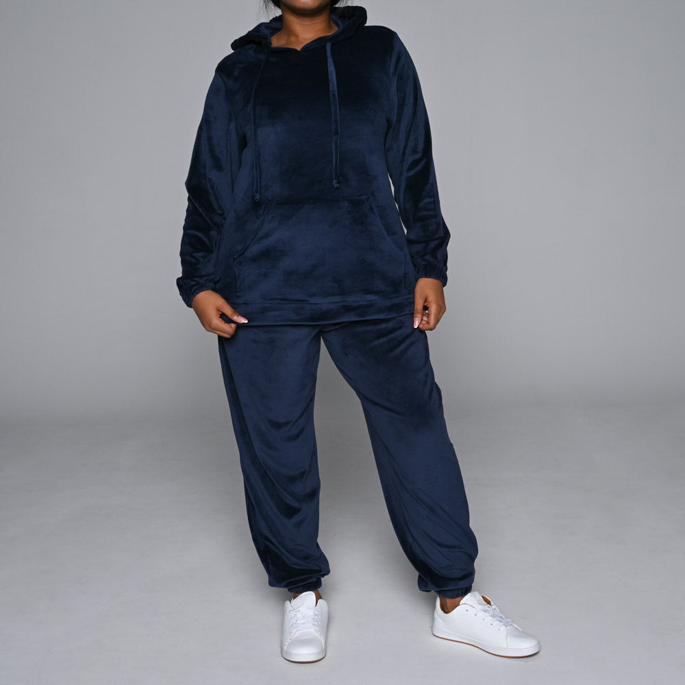 Navy Plus Size Velour Hooded Track Top