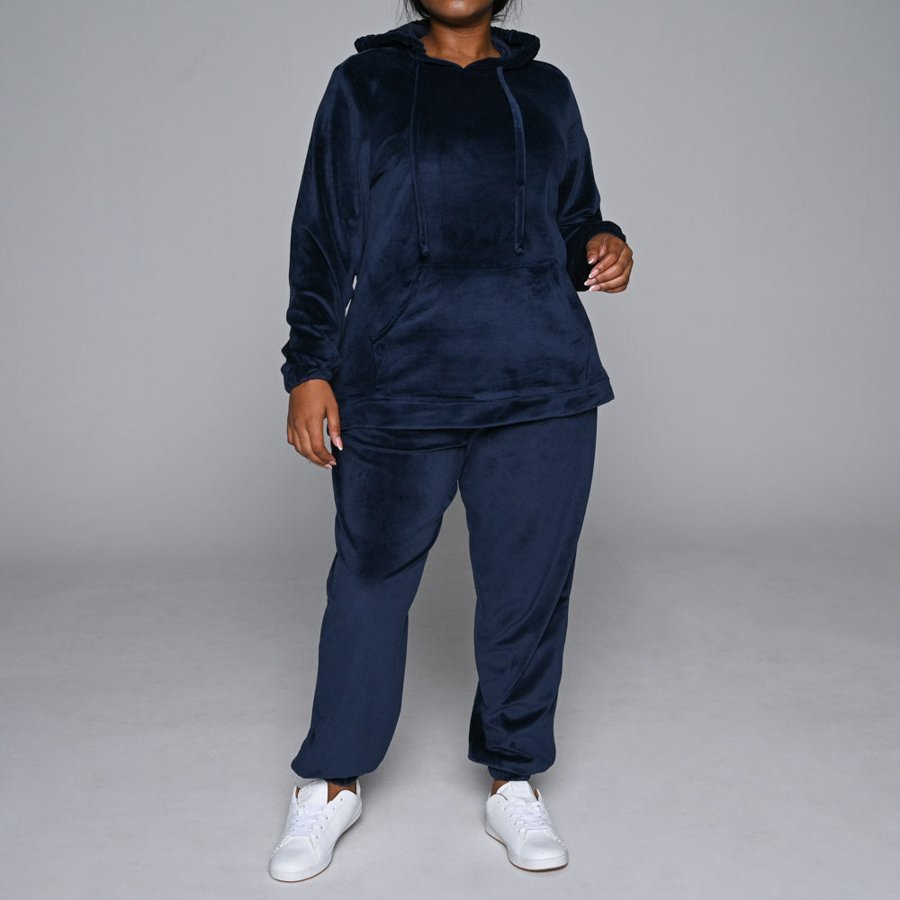 Navy Plus Size Velour Hooded Track Top