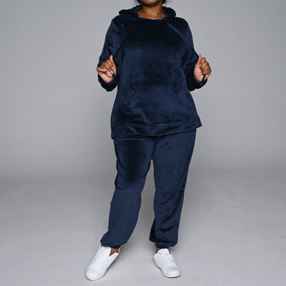 Navy Plus Size Velour Hooded Track Top