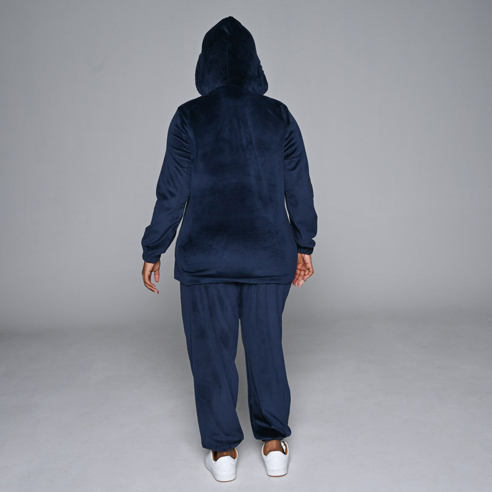 Navy Plus Size Velour Hooded Track Top