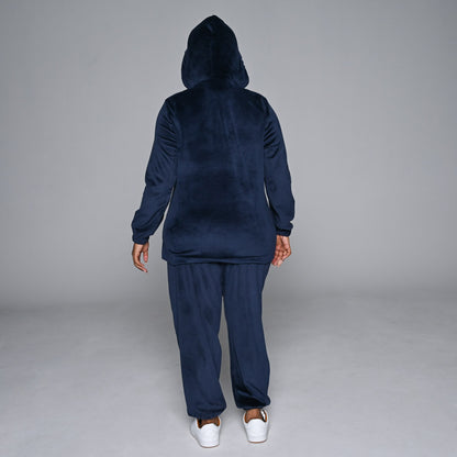 Navy Plus Size Velour Hooded Track Top