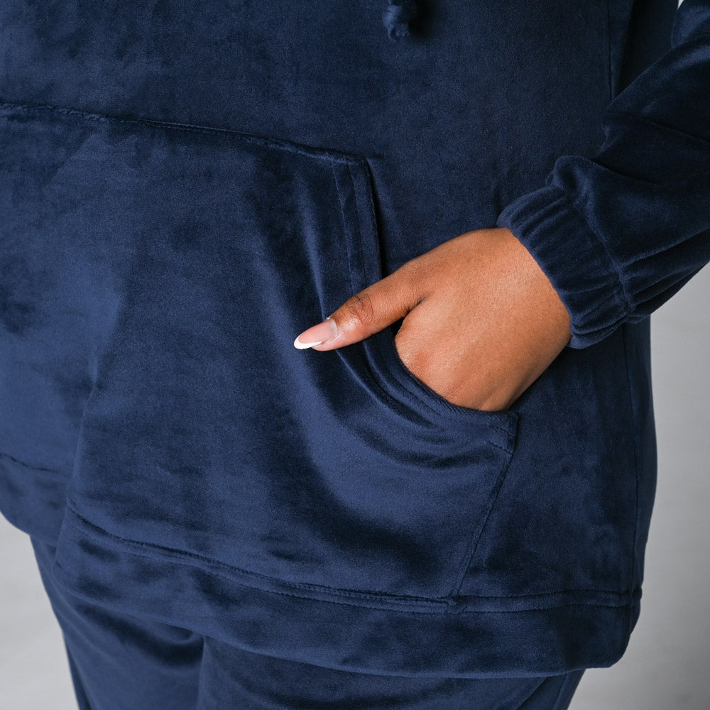Navy Plus Size Velour Hooded Track Top