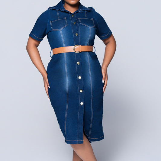 Plus Size Belt Edit Panel Denim Dress