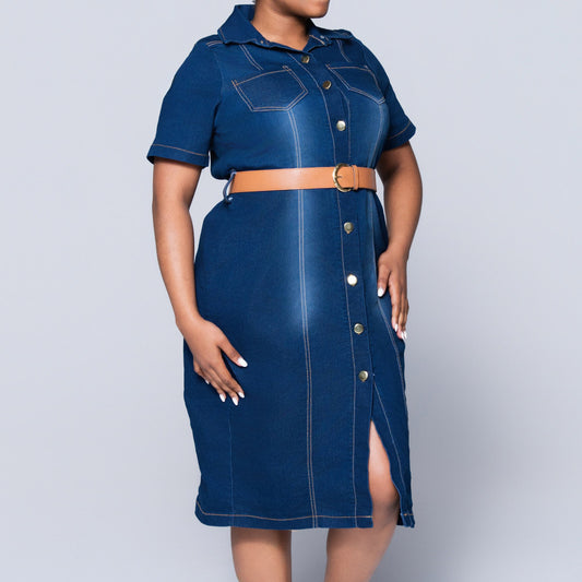 Plus Size Belt Edit Panel Denim Dress