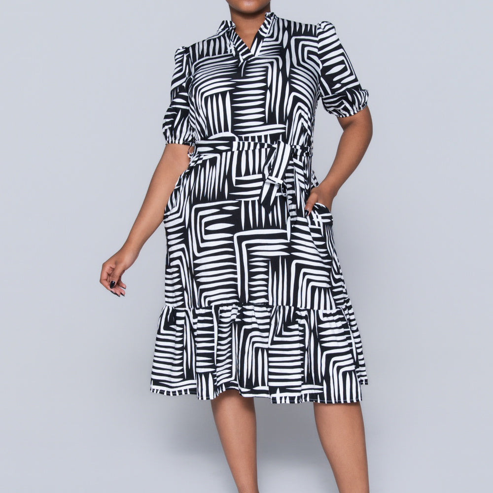 Plus Size Printed Black/White Tiered Tunic