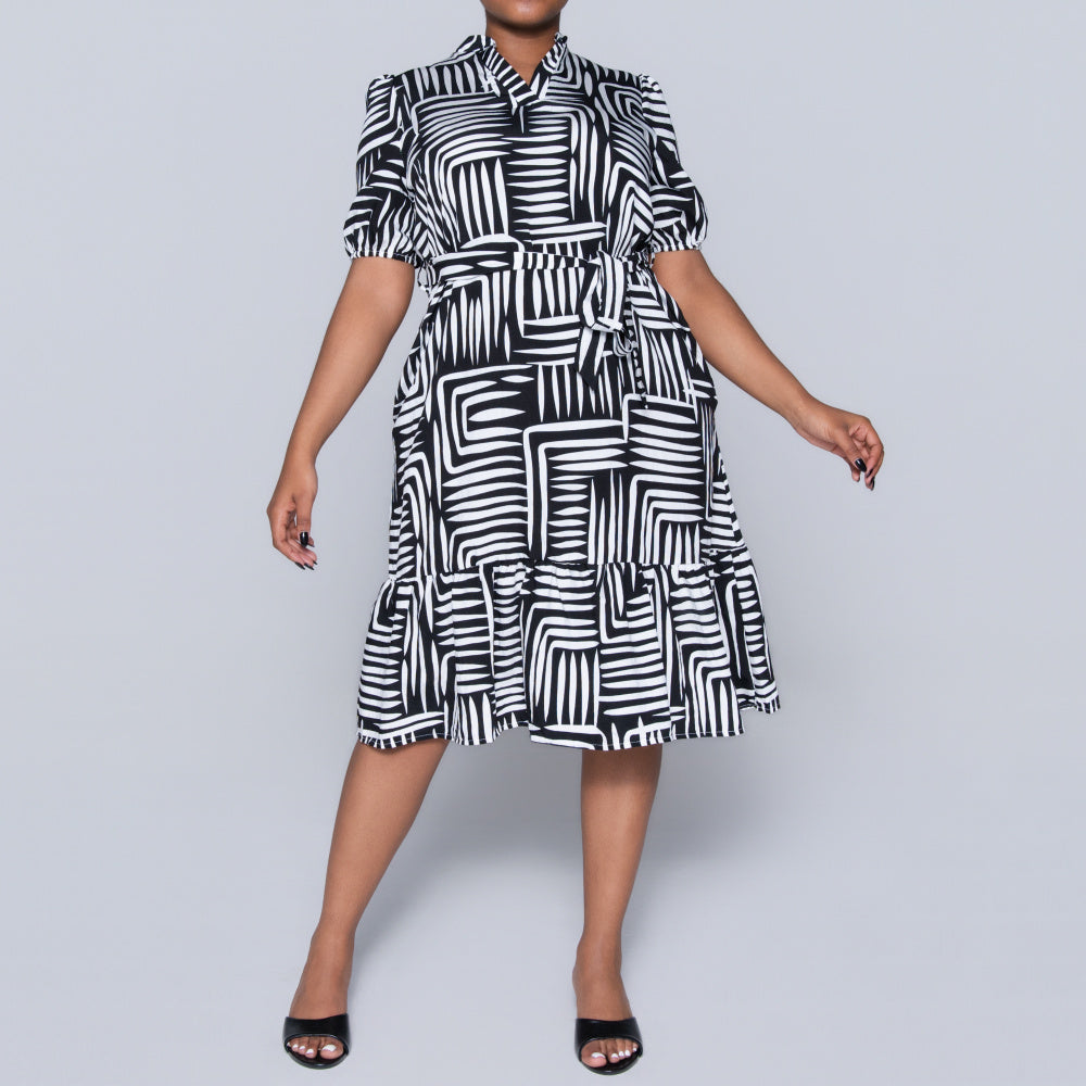 Plus Size Printed Black/White Tiered Tunic