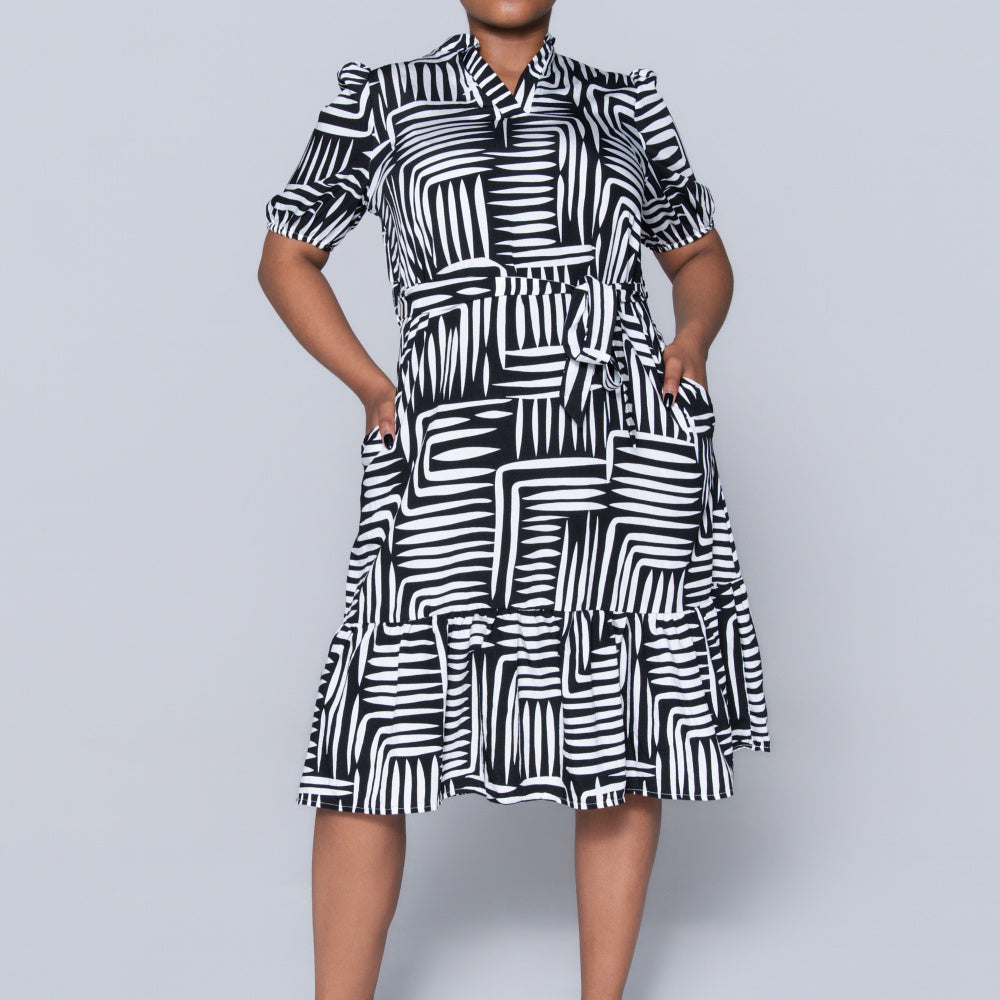 Plus Size Printed Black/White Tiered Tunic