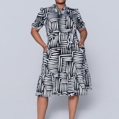 Plus Size Printed Black/White Tiered Tunic