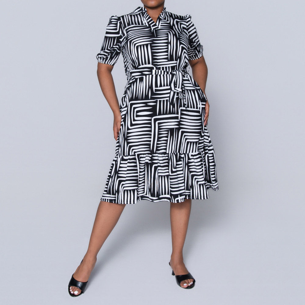 Plus Size Printed Black/White Tiered Tunic