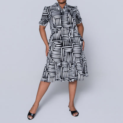 Plus Size Printed Black/White Tiered Tunic