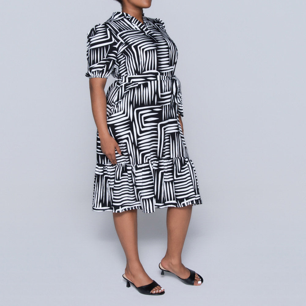 Plus Size Printed Black/White Tiered Tunic