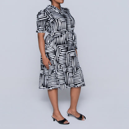 Plus Size Printed Black/White Tiered Tunic