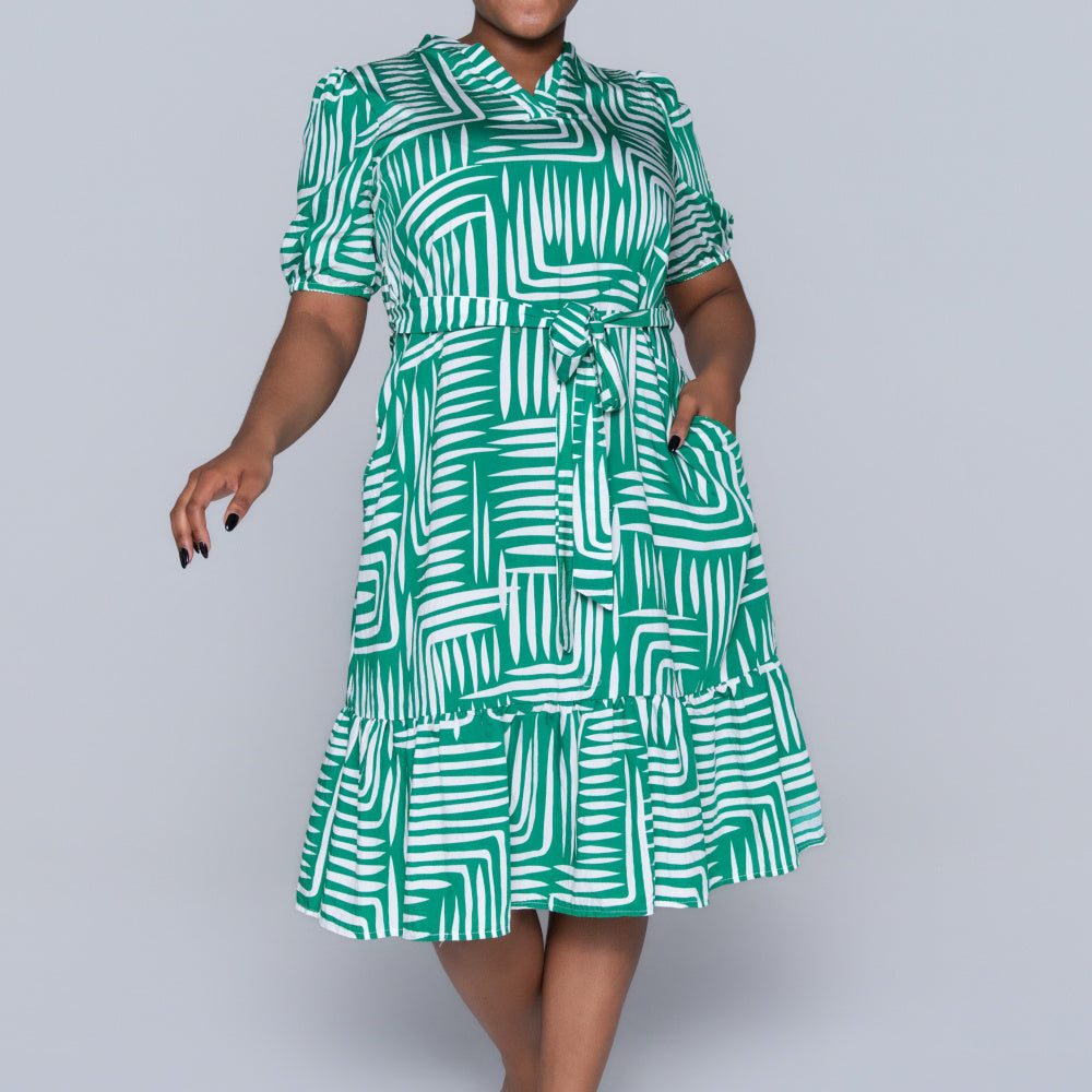 Plus Size Printed Green/White Tiered Tunic
